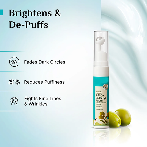 Squalane Roll-On Under Eye Cream Serum For Dark Circles, Puffiness & Wrinkles For Women & Men With Phyto-retinol & Caffeine (15 ml)